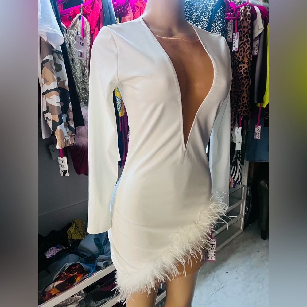 White Mini dress with long sleeves and fur trim.